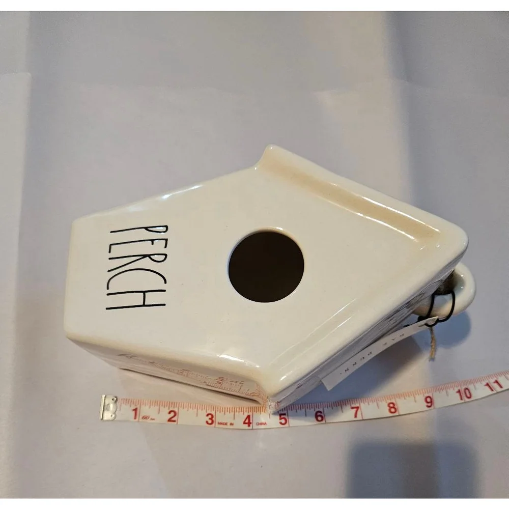 Rae Dunn Perch Ceramic LL Decorative Slant Roof Birdhouse with Burlap NEW
